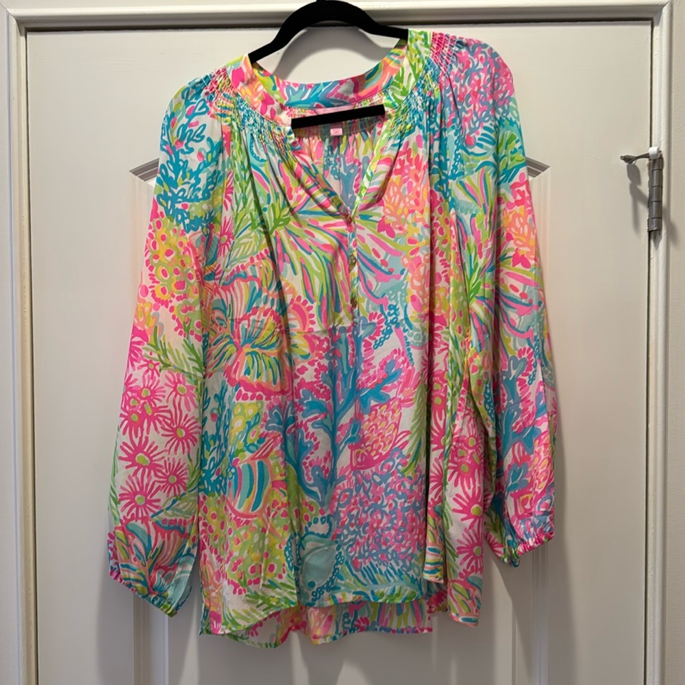 Lilly Pulitzer Elsa Lovers Coral Silk Top Size XL Beach Preppy Resort Wear EC